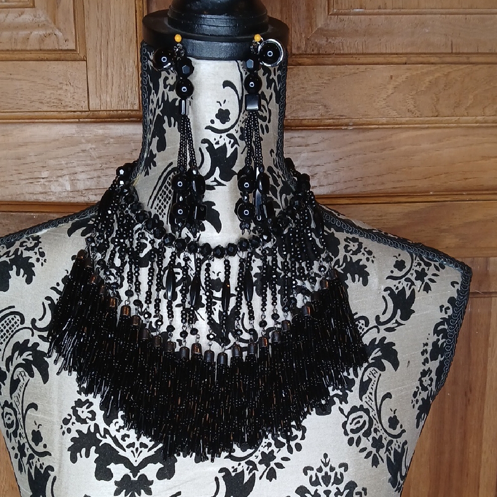 Chico's Black Beaded Statement Necklace with Fringe